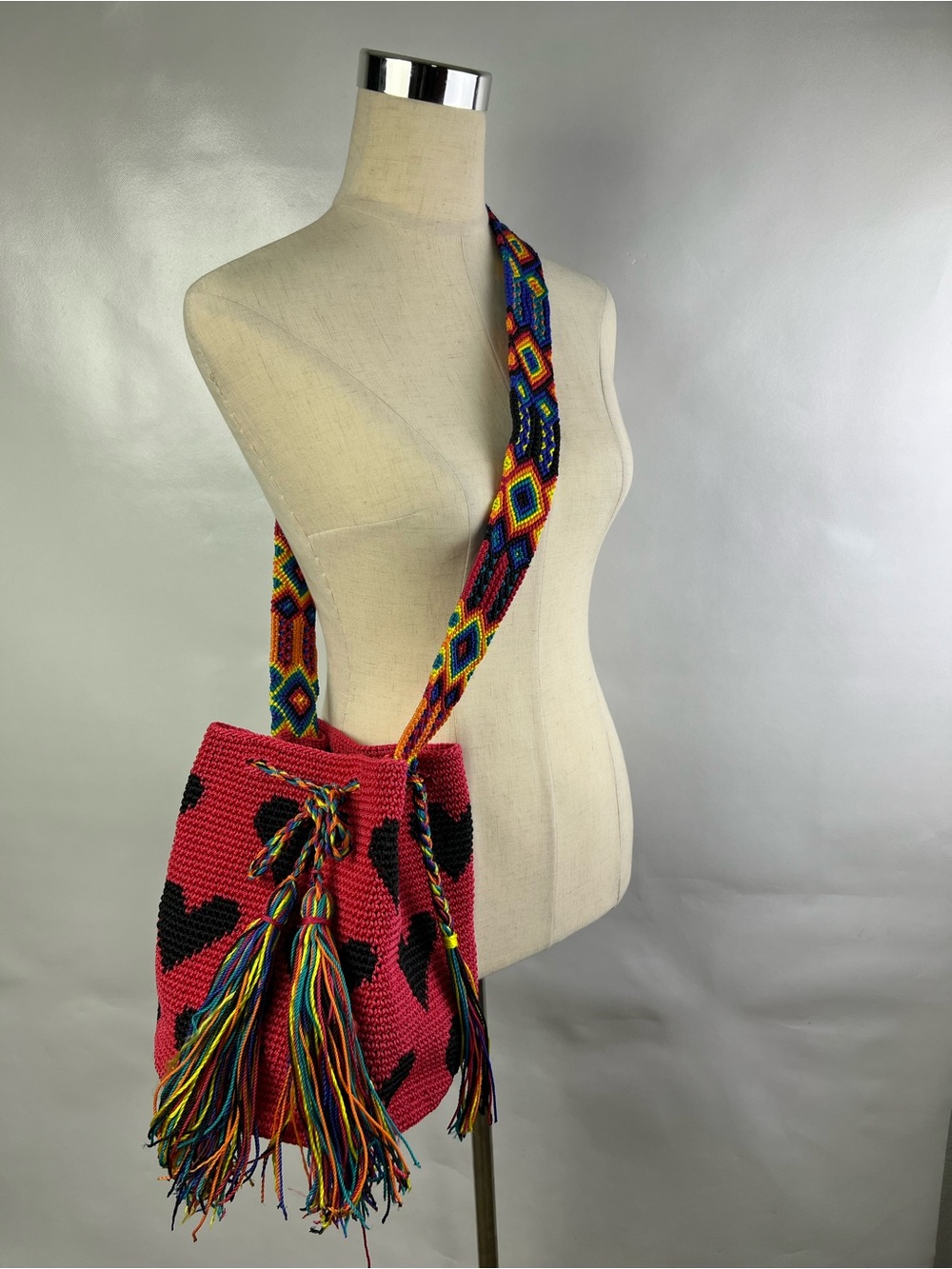 Handwoven Wayuu Hearts Pink Multicolor Shoulder Crossbody Bag with Tassels